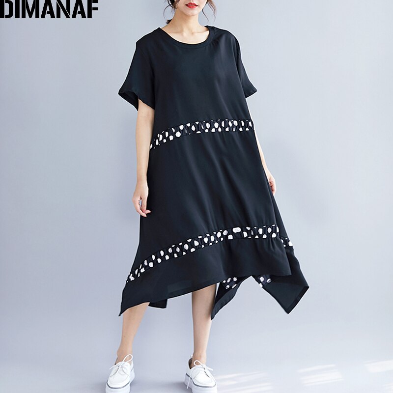 Dimanaf verão feminino plus size vestido de impressão ponto preto emendado casual feminino vestidos moda tamanho grande vestido solto a linha 2020
