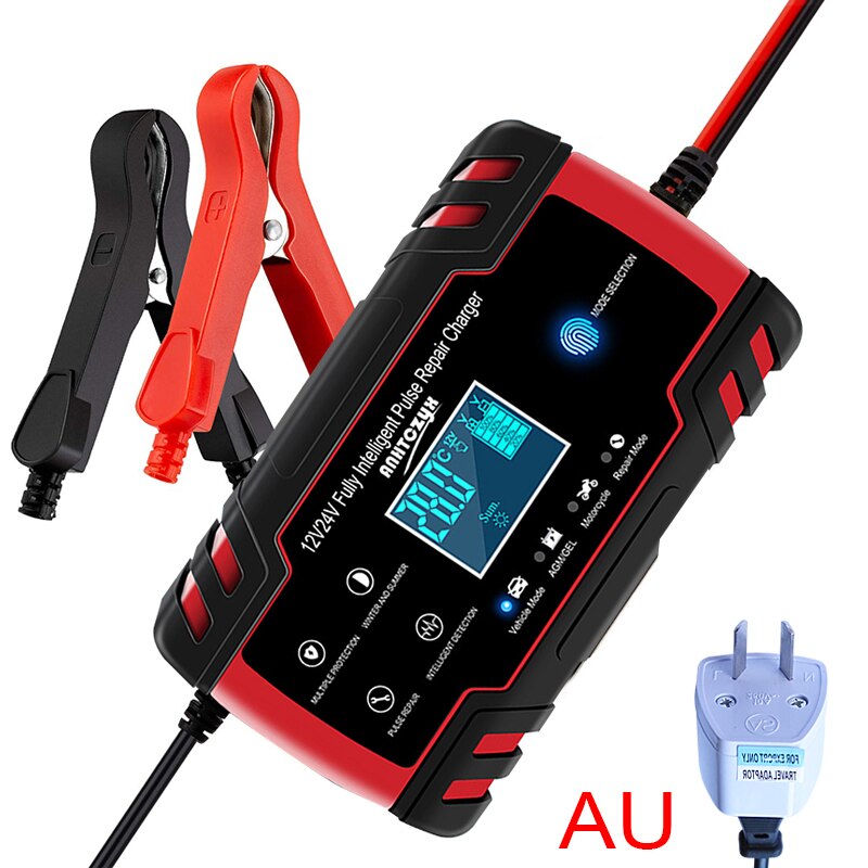 LUNDA Helautomatisk Bilbatterilader - 12V 8A / 24V 4A smart Hurtiglading, LCD-skjerm til AGM, gel, VÅTE Blysyrebatterier: Au
