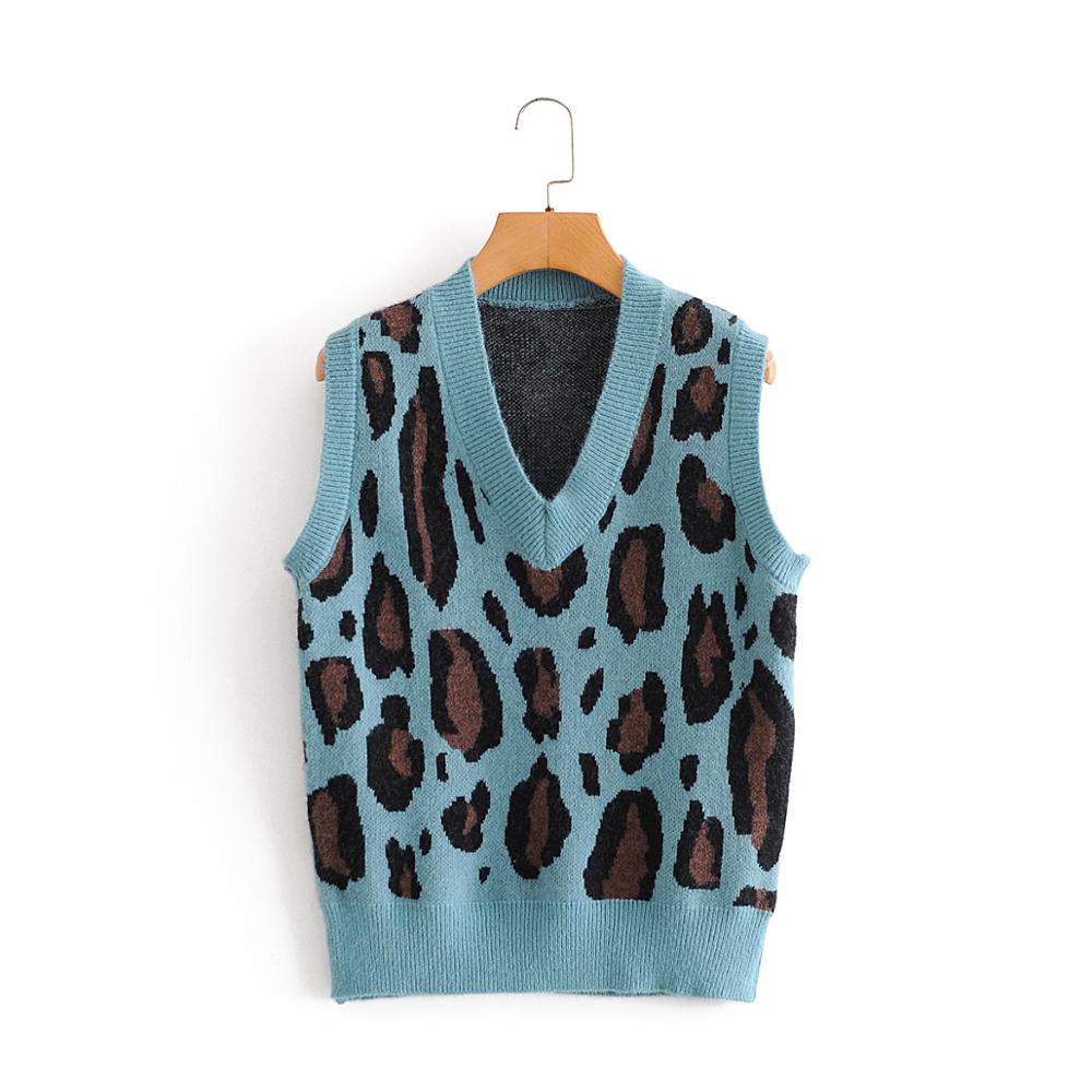 Za Women Sweater Vest Za Sleeveless Leopard print Casual Loose Blue Knitted Vest Top: Blue