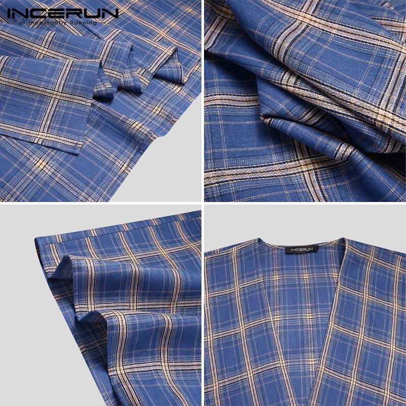 INCERUN, camisa Vintage para hombre, capa a cuadros, puntada abierta, ropa informal suelta, prendas de vestir exteriores , Kimono, Tops, cárdigan de capa Irregular para hombre