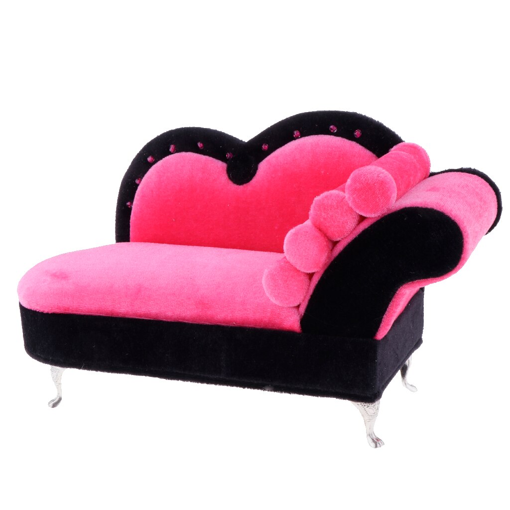 1/6 Scale Dolls House Miniature Chaise Lounge Recliner Long Sofa Furniture Model Decor Pink+Black