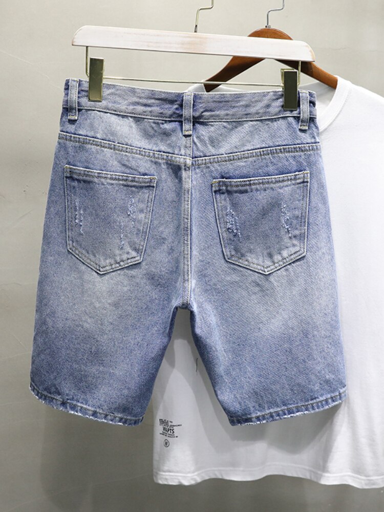 Summer Male Ripped Hole Destroyed Light Blue Denim Shorts Streetwear Jeans Five Points Pants Comfortable Men Clothing