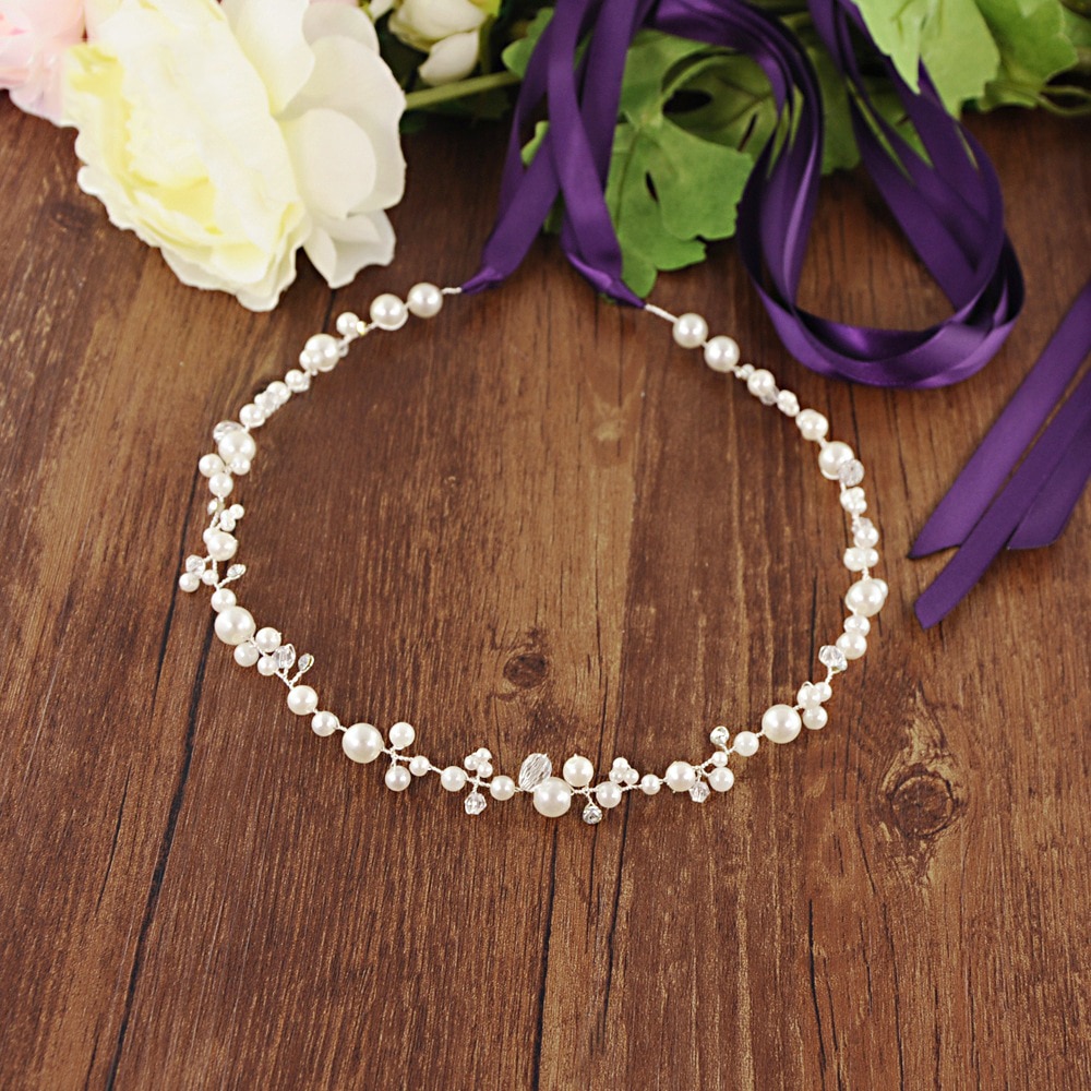 Cinturones de novia de cristal plata hechos a mano, cinturones finos de boda para vestido de perlas, cinturones de banda para boda, accesorios de boda, diadema dorada: Silver Purple Ribbon