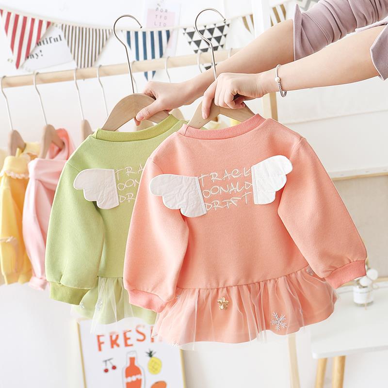 Bambini di Autunno Della Molla T-Shirt Ala Del Bambino Delle Ragazze Dolce di Stampa Del Cotone Della Principessa Dress Lace Hem T-Shirt Dei Ragazzi Delle Ragazze