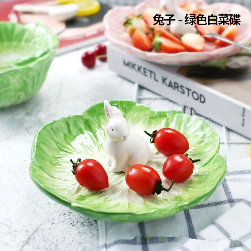 Grøn keramisk bordservice til børn kaninkålskål tegneserie håndtegnet dyr bordservice frugtsalat dessert skål