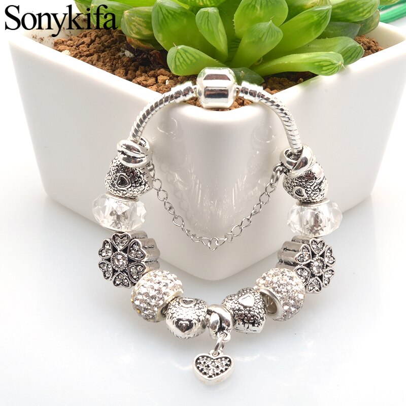 Bøjlekode gammel sølvbelagt glamour damer armbånd diy kløver og hjerte vedhæng udsøgte armbånd smykker: 16cm