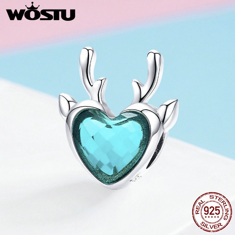 WOSTU 925 Sterling Silver Christmas Blue Elk Deer Bead Fit Charm Bracelet & Necklace Pendant Original Jewelry FIC1022