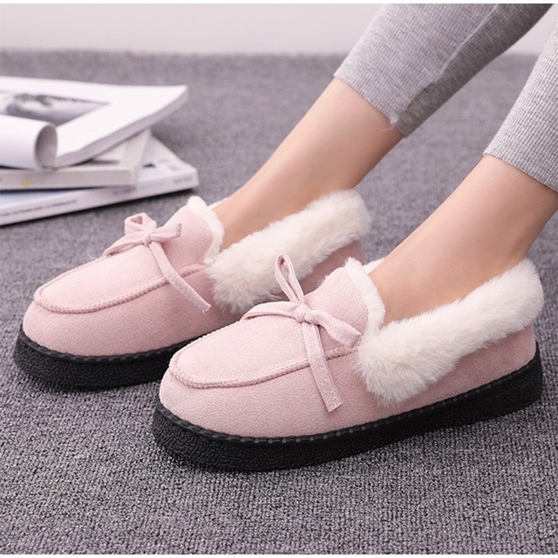 Kvinnor vinter tofflor skor plysch varma lägenheter dam halkfri slip on casual bowtie komfort höst toffel kvinna