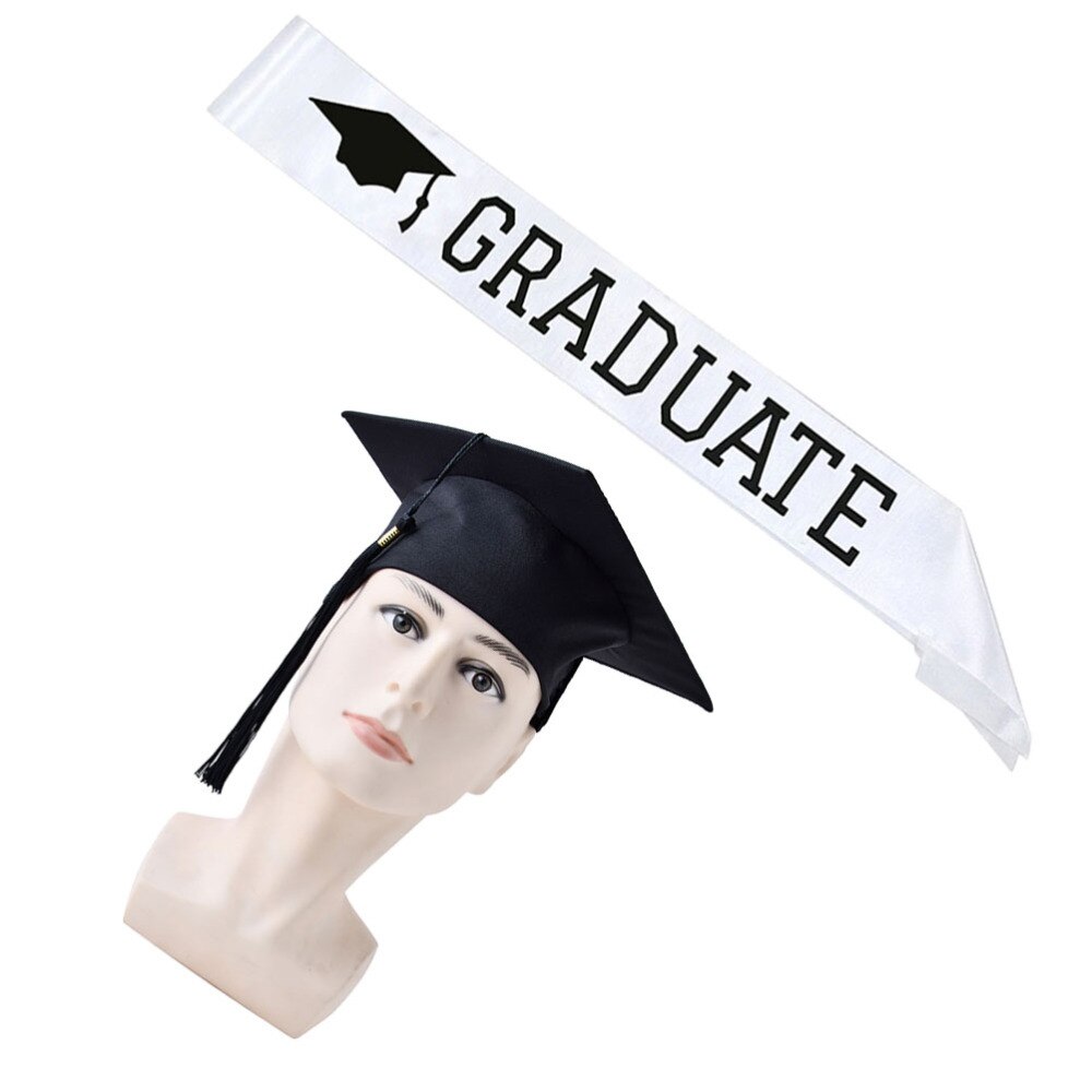 2pcs in 1 Set Graduate Hat and Letter Printing Sash Set Decoration Graduation Hat Etiquette Belt Set Graduation Party Dress Up
