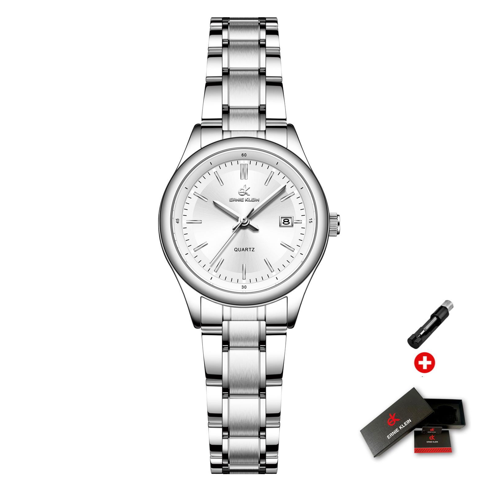 ERNIE KLEIN dameshorloge luxe gouden horloge OriginalDate Week roestvrij staal waterdicht lichtgevende elegante jurk dameshorloges: WHITE