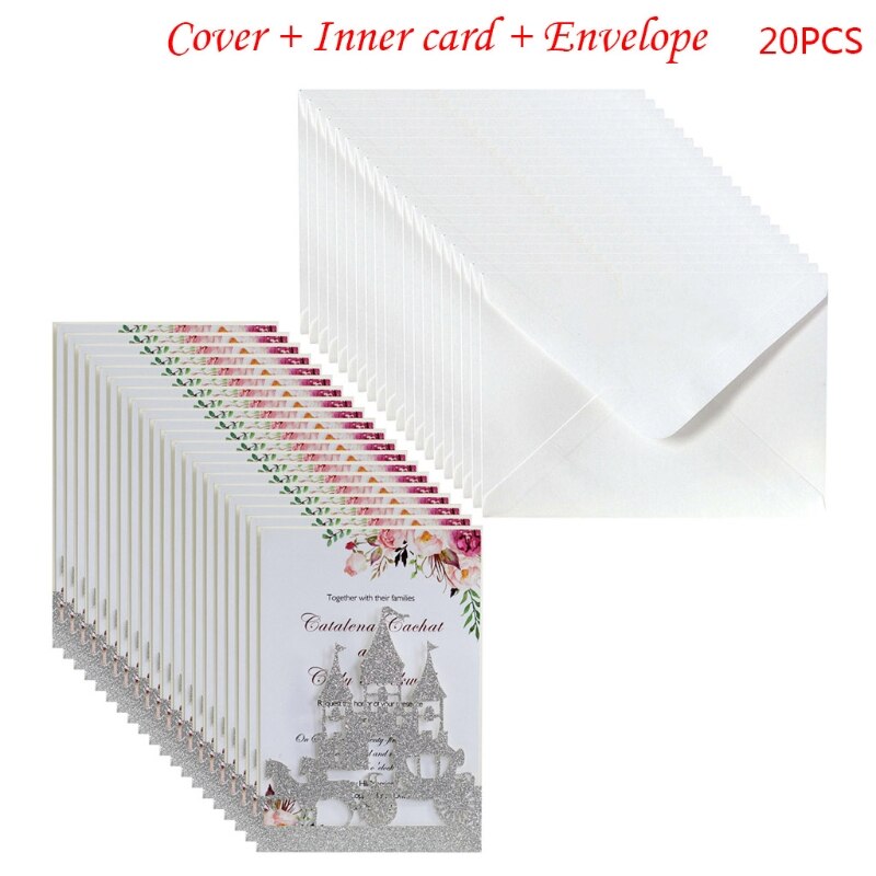 20x Wedding Invitations Card Glitter Hollow Castle Invite Envelope Bridal Shower 28GF: Silver