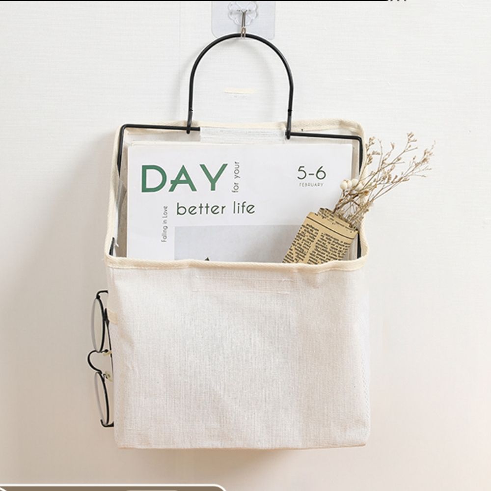 Panier de rangement en lin et coton, tissu imprimé à rayures simples, sac de rangement mural suspendu à la maison ou au bureau avec crochet: 9