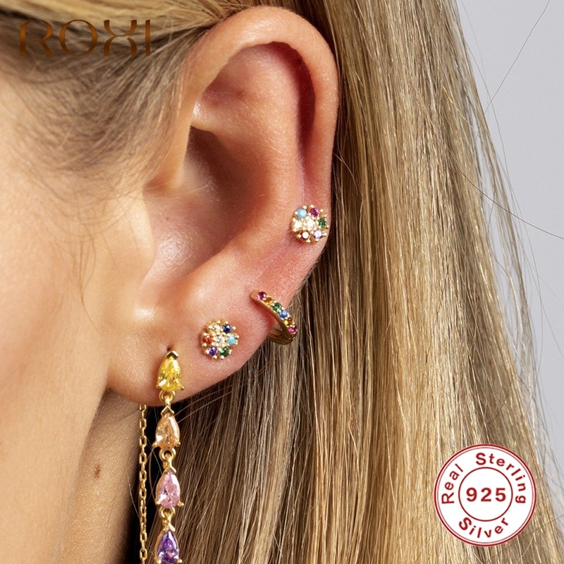 ROXI Colorful 6 Colors Flower Stud Earrings for Women Girls Wedding Piercing Earrings Cartilage 925 Sterling Silver Pendientes