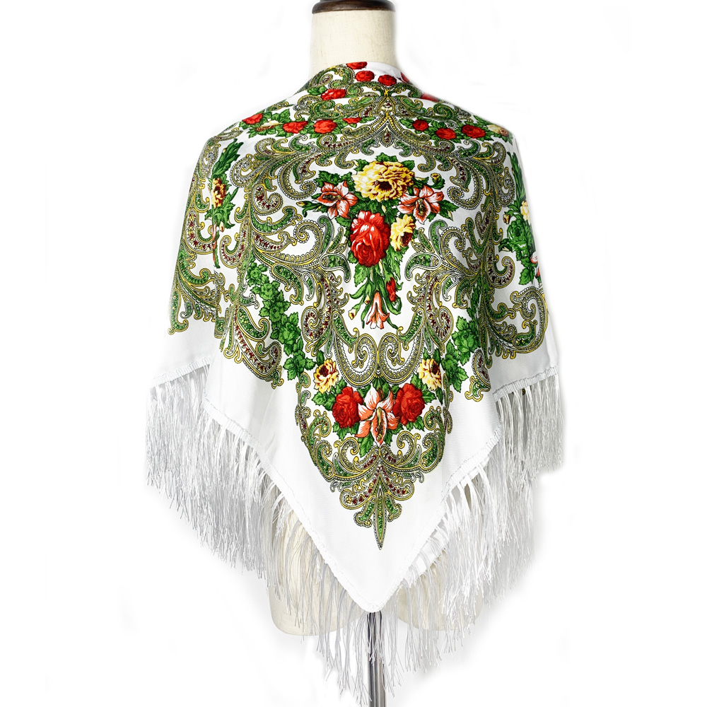 Bufanda rusa de 115x115cm para mujer, Bandana cuadrada con estampado Floral de lujo, chal con flecos ucranianos, pañuelo Babushka, envolturas para la cabeza: Blanco