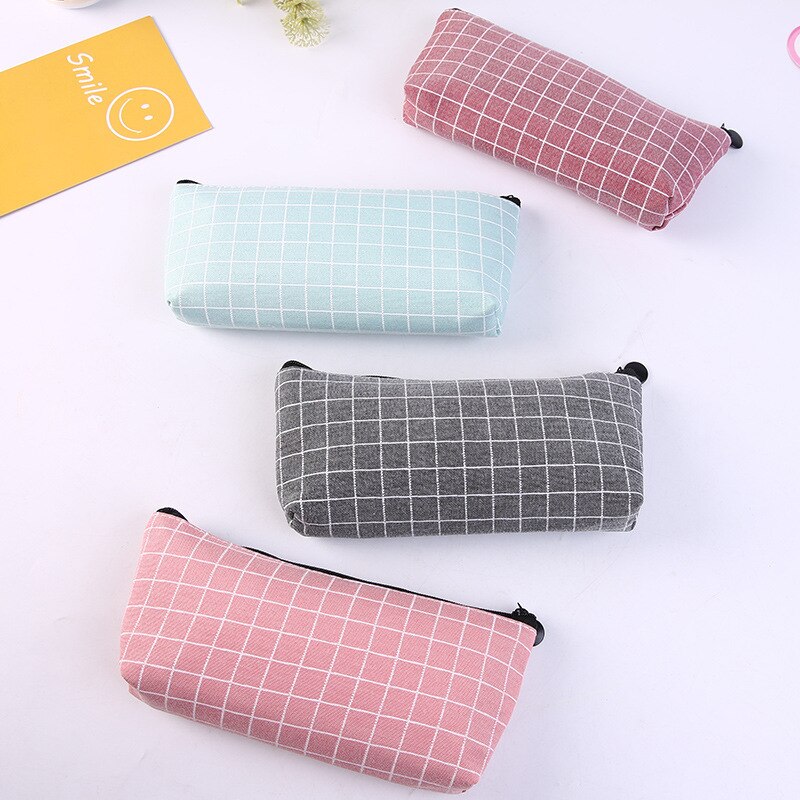 1pcs Canvas Geometric Pencil Case School Color Cute Kawaii Simple Striped Grid Solid Pencil Bag Pouch Students Office Supplies