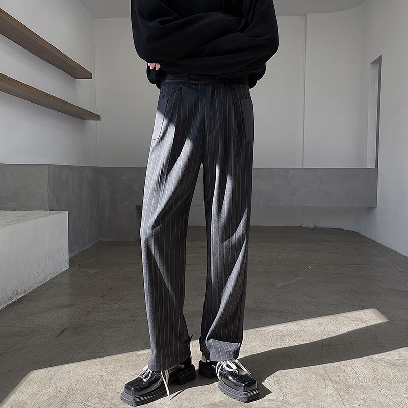Mannen Gestreepte Splice Multi-Pocket Casual Straight Pak Broek Mannelijke Streetwear Mode Vintage Pak Broek Man
