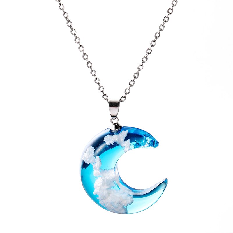 Transparent Resin Rould Ball Moon Pendant Necklace Women Blue Sky White Cloud Chain Necklace Jewelry: Moon