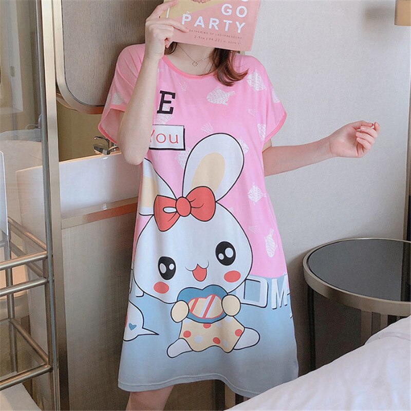 Women Nightdress Cartoon Female Loose Short Sleeve Sleepdress for Ladies Plus Size Summer Casual O-neck Homewear: Pink 1