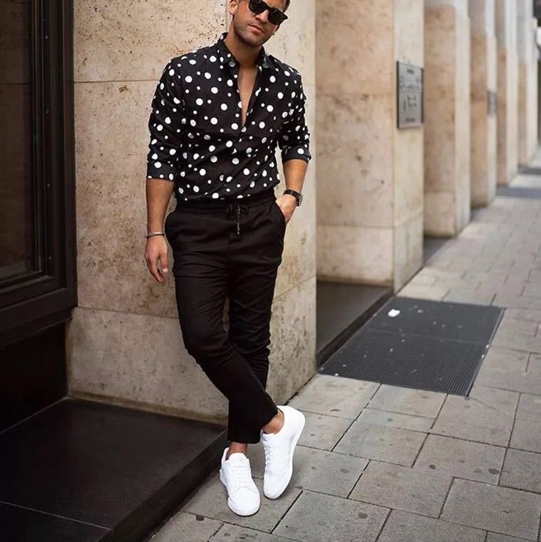Camisa Negra de manga larga para hombre, camisa con estampado de lunares, informal, combina con todo, para otoño,