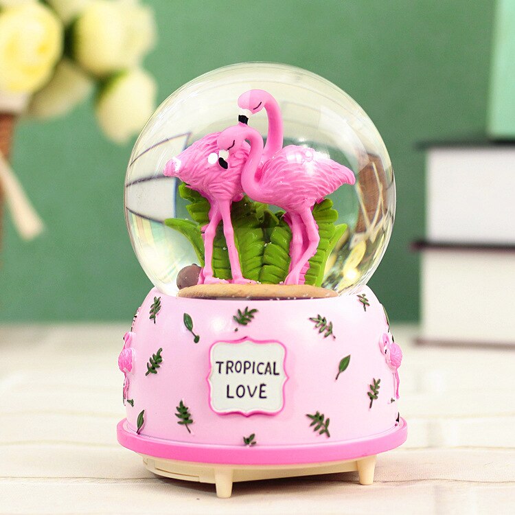 Kristallen bol muziekdoos flamingo meisje ster maan regenboog gloeiende sneeuwvlokken muziekdoos huisdecoratie bureaublad ornament: Geel