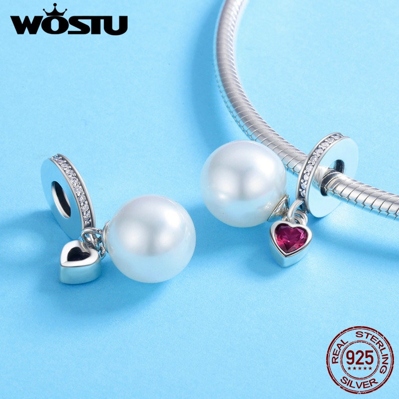 WOSTU 100% 925 Sterling Silver Pearl Heart CZ Pendant Charms fit Original Women Bracelet Necklace Jewelry CQC782