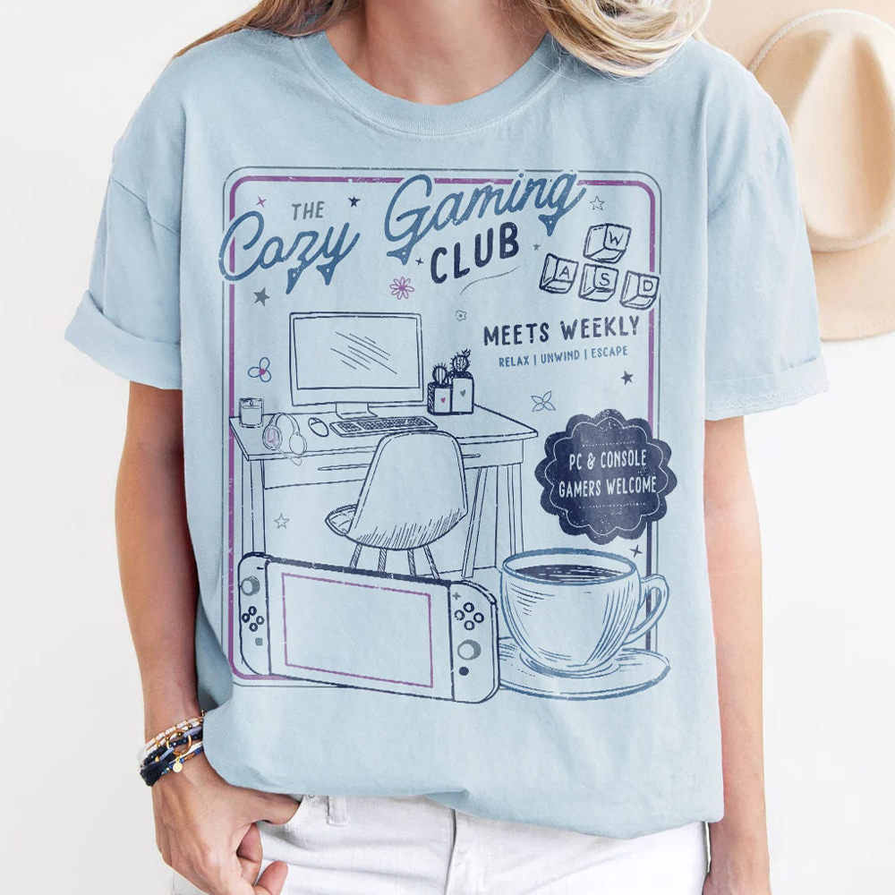 Damen Rundhalsausschnitt, gemütliches Spielen-Verein-T-Shirt, für Mädchen, Gamer, 100 % Baumwolle, lockeres retro-Schulshirt, unisex-T-Shirt, Fantasy-Bekleidung, Y2K-oben: M / Blau