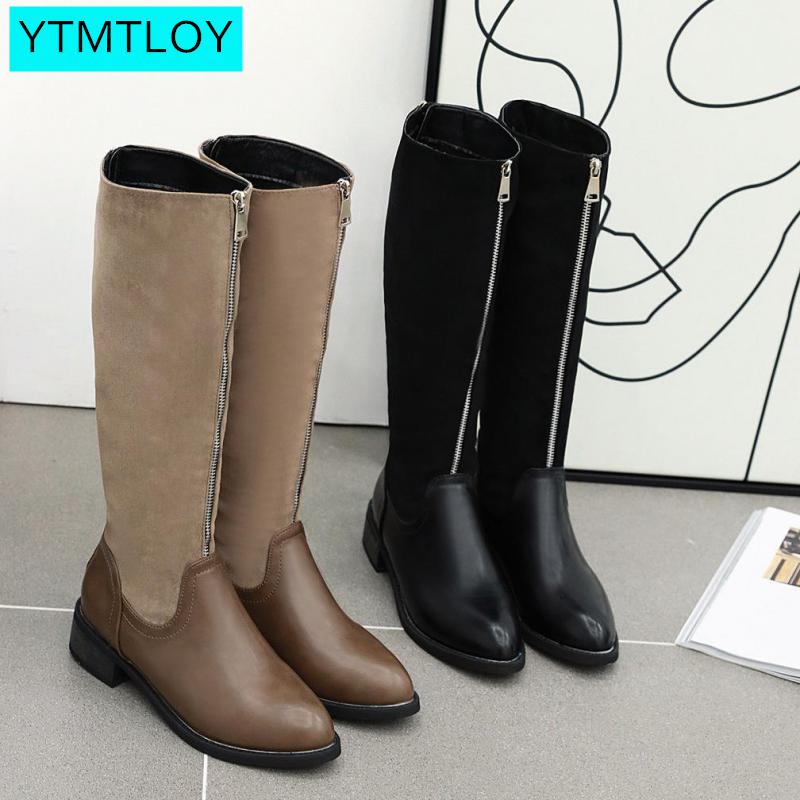 Oberschenkel hohe Stiefel braun Frauen Jahrgang leder Platz Ferse Reißverschluss knie höer Stiefel Halten Warme Runde Kappe Schuhe Britischen Stil calzad