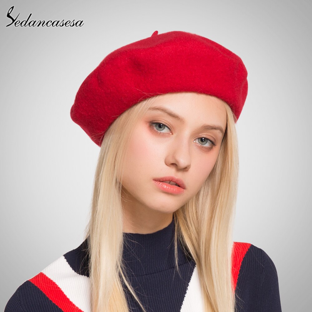Sedancasesa kvinder baret hat strikket uld baret efterår vinter varme ensfarvede kvindelige motorhjelm hatte til kvinder sød beret cap