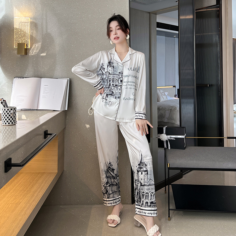 #39 pyjamassæt til kvinder med blæk byprint nattøj silkelignende hjemmetøj v-hals nattøj пижама женская: Xl