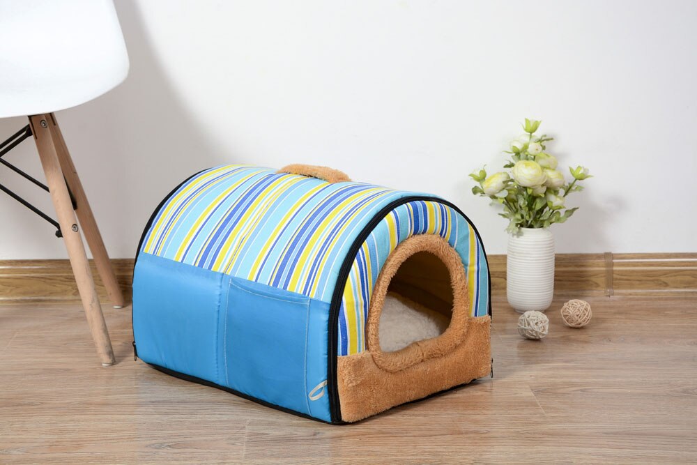 Niche pliable pour animaux de compagnie, niche avec tapis, lit pour chien, chat, chiot, petit, moyen gabarit, Chihuahua, coussin: Blue strip / 48cmx34cmx32cm