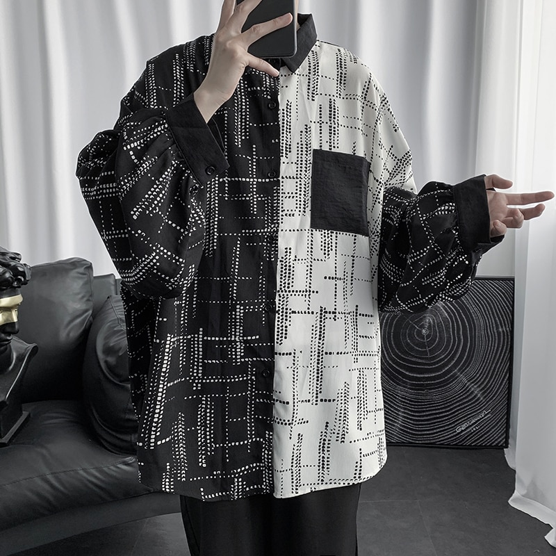 Skjorter mænd forår langærmet sort-hvid patchwork oversize vintage koreansk stil chic afslappet hip-hop løs skjorte streetwear