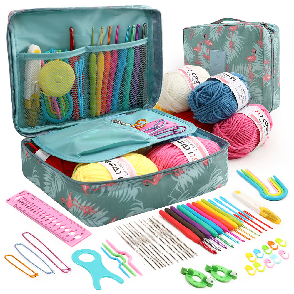 59Pcs/Set Crochet Set DIY Beginner Crochet Hook Kit With Storage Bag Material Pack Portable Sewing Knitting and Storage Tools: light yellow
