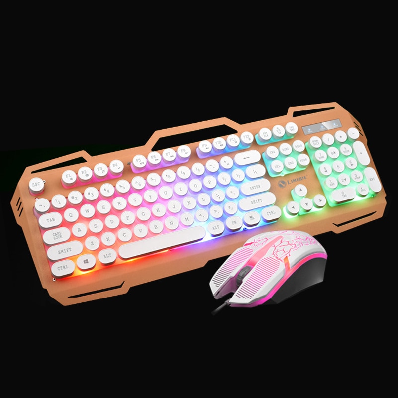 Mechanical Feel Wired Keyboard Mouse Sets Round Key Cap Retro Gaming Key board Multimedia Button PC Metal panel Keyboards LED
