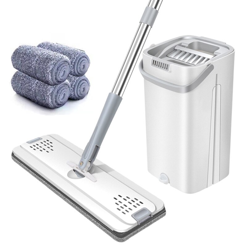 Balai serpillière plat et seau rotatif à 360 °, main libre, essorage libre, nettoyage paresseux du sol avec tampons en microfibre, utilisation humide ou sèche: 4 mop pads Milky