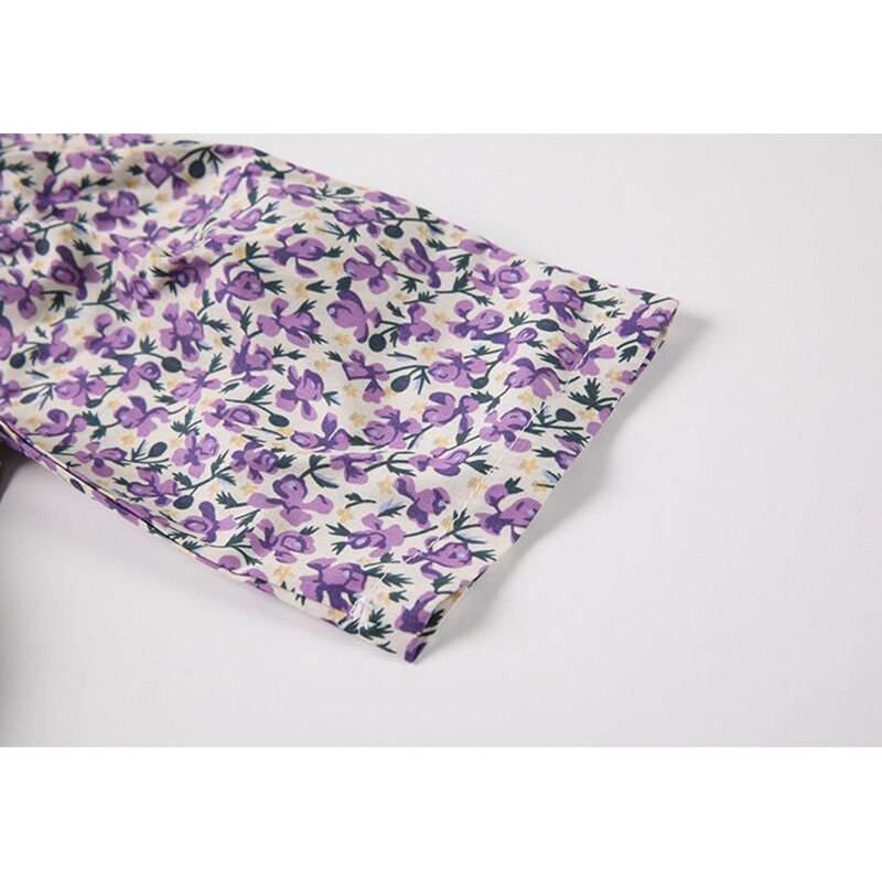 Summer Purple Floral Print Dress Women Stylish Puff Short Sleeve Dresses French Sweet Lace Up Hollow Out Frcoks