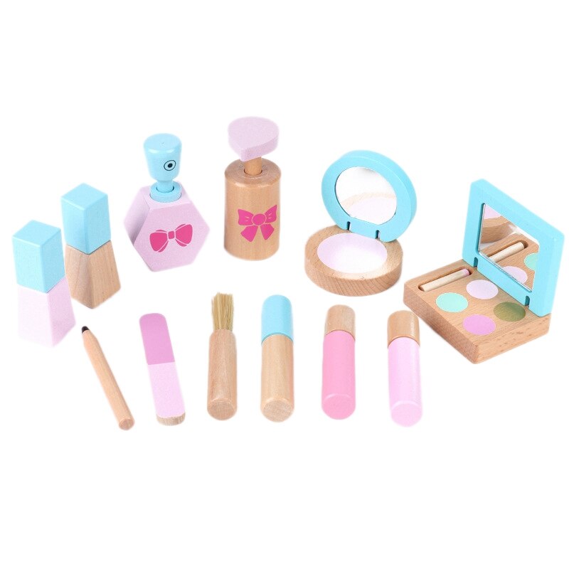 12 Pcs Wooden Pretend Play Makeup Playset for Girls Role Play Cosmetics Toy Simulation Beauty Accessories for Kids