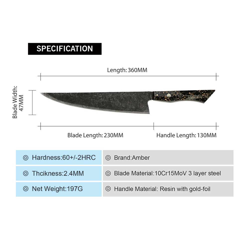 AMBER Kitchen Knife 10Cr18Mov 3 Layers Cladding Steel Chef Knife Gold-Foil Resin Handle Chinese Cleaver Knives Cooking: DMS-265A Chef