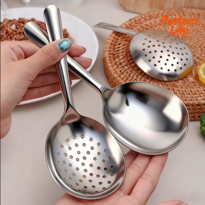 1Pc Stainless Steel Ladles For Serving Soup Rice Serving Spoon Drain Hole Heat Insulated Handle Kitchen Utensils For Daily Use