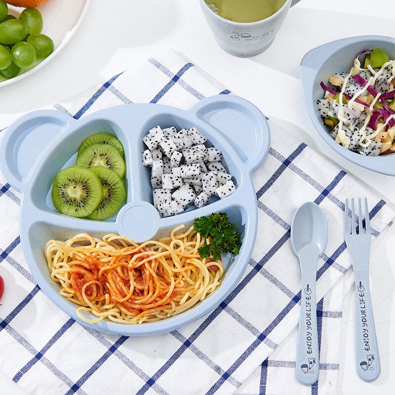 3 stk / sæt baby skål + ske + gaffel fodring mad bordservice tegneserie bjørn børn retter spiser porcelæn anti træning middag plade
