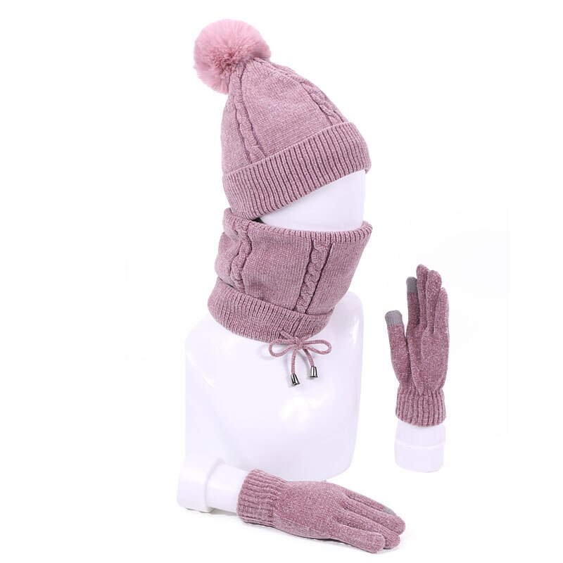 Winter dames muts met pompon, sjaal en handschoenen, warme zachte gebreide outdoor gehaakte skimuts met dikke voering, chenille zachte mutsset: En