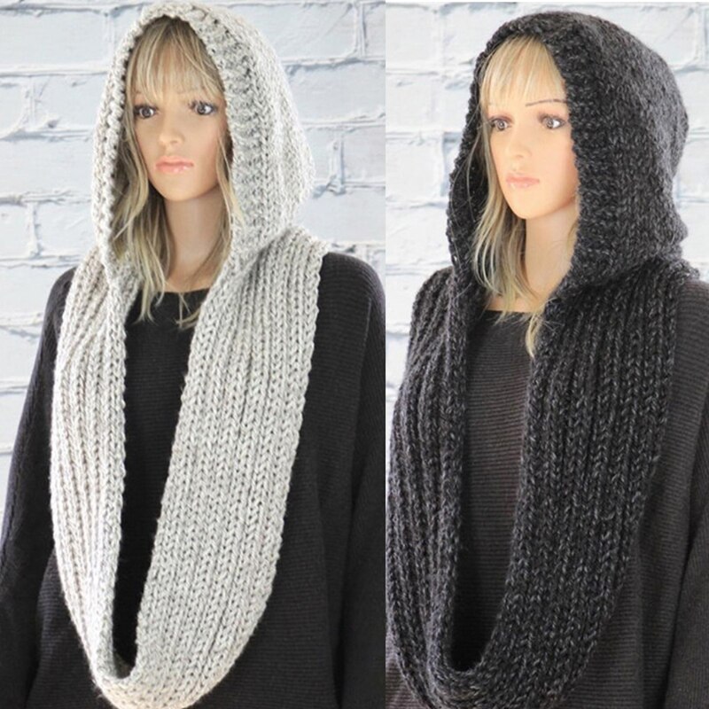 Capucha de punto de ganchillo para mujer, bufanda infinita a prueba de viento, chal largo cálido, envoltura de Color sólido, calentador de cuello