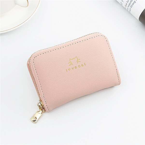 PURDORED 1 Pc Cat Card Holder PU Leather Small Zipper Mini Card Wallet Women Coin Purse Female Business Card Holder Billetera: nude