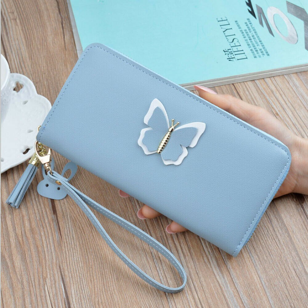 Frauen Dame Zipper Leder Brieftasche Lange Karte Halter Telefon Tasche Fall Geldbörse Handtasche: Blau