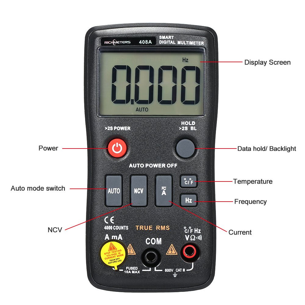 RICHMETERS RM408A AC/DC Voltage Digital Multimeter 8000 Counts True-RMS Auto Ranging Temperature Measuring Meter Light Backlight