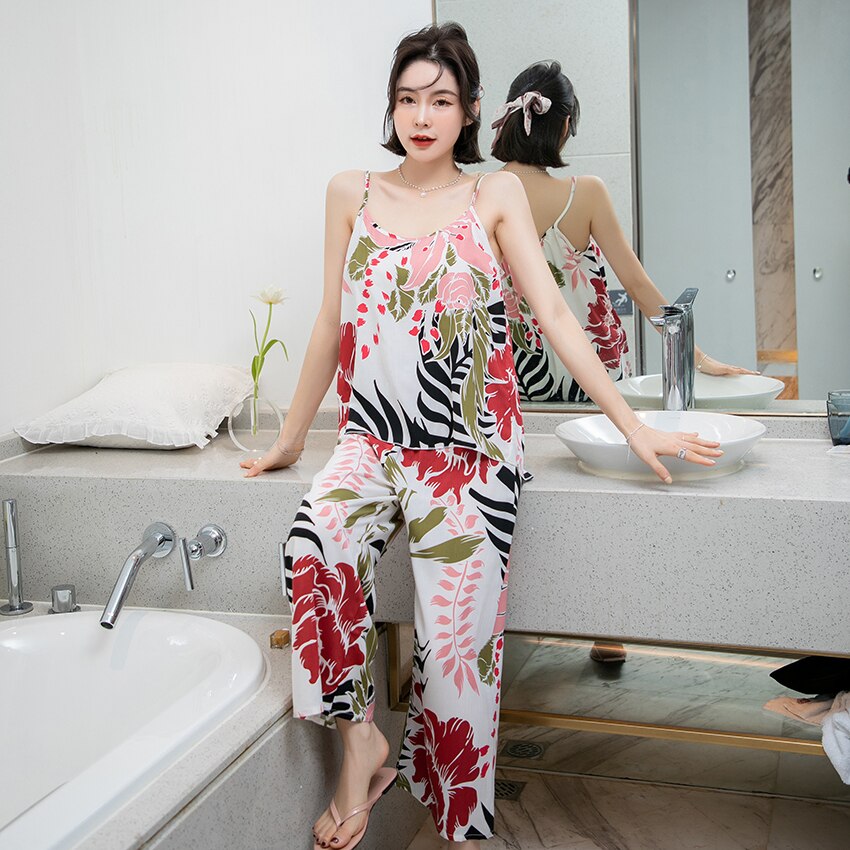 HECHAN Flowers Pattern Female Sleepwear 2 Piece Set Spaghetti Strap Sleeveless Tops Loose Print Pants Women Sets Casual Homewear: S20087-R