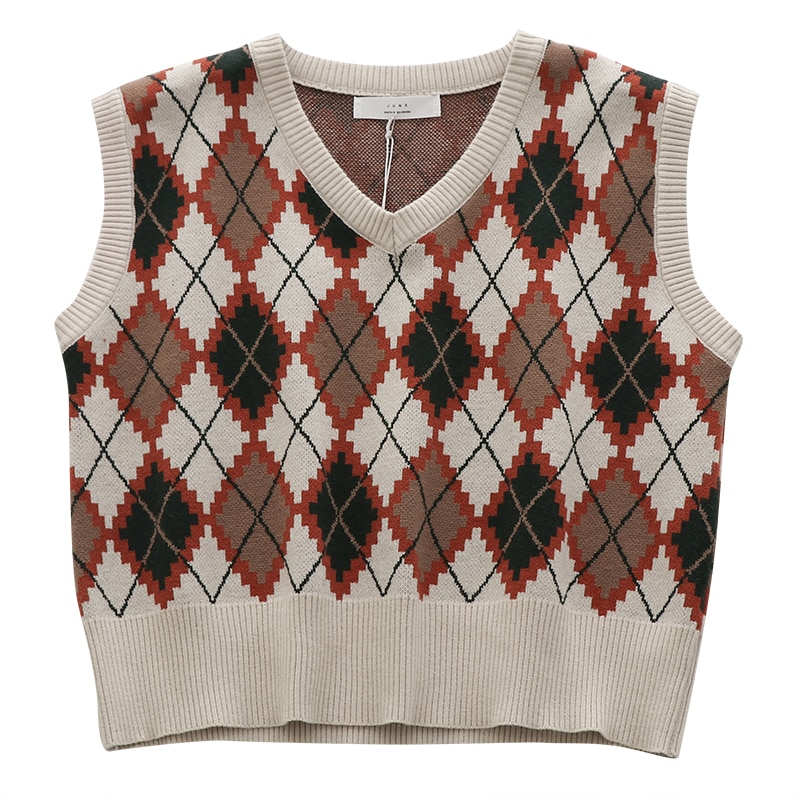Chaleco de punto de estilo pijo para mujer, suéter de rombos sin mangas a cuadros, prendas de vestir cortas, Top holgado informal con cuello en V