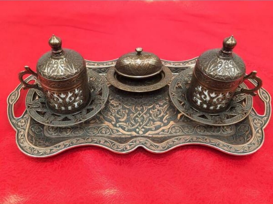 2 set - 9 pieces copper turkish tea coffee espresso cups set anatolian arabic coffee cup set ottoman tea sets