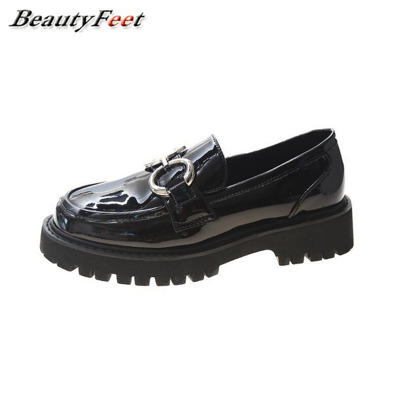 Zapatos Oxford con hebilla de Metal para mujer, zapatos de mujer de piel sólida, tacones medios cuadrados, zapatos informales de punta redonda, zapatos planos de talla grande