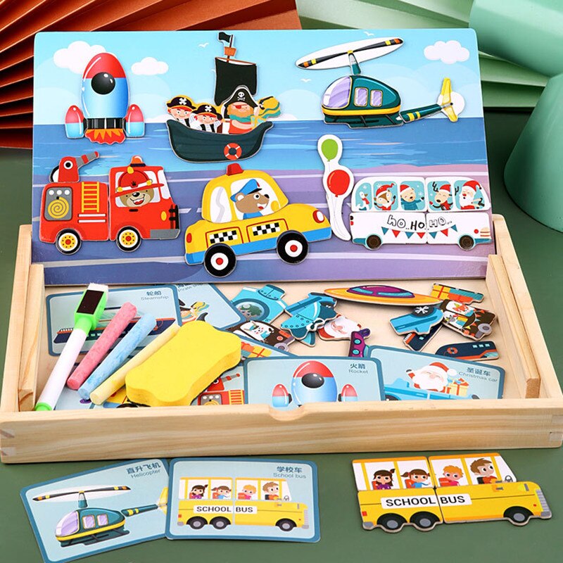 Cartoon Baby Houten Magnetische Puzzel Figuur/Dieren/Voertuig Tekentafel Box Kleuterschool Vroege Educatief Speelgoed Cadeau Voor Kinderen