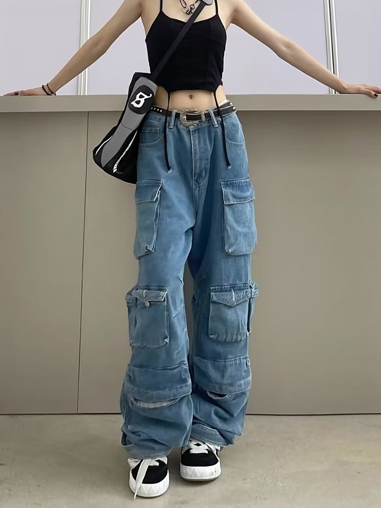 Calças jeans largas largas folgadas femininas, calças cargas com vários bolsos, roupas de rua Harajuku, jeans azul lavado vintage feminino, moda outono, Y2k